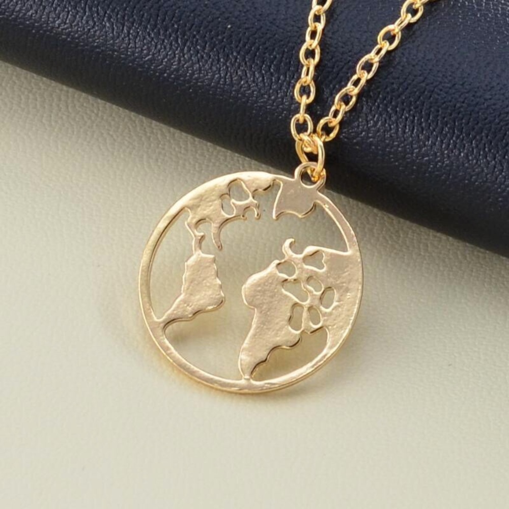 Round Wanderlust World Map Circle Pendant Necklace - Picture 2 of 4